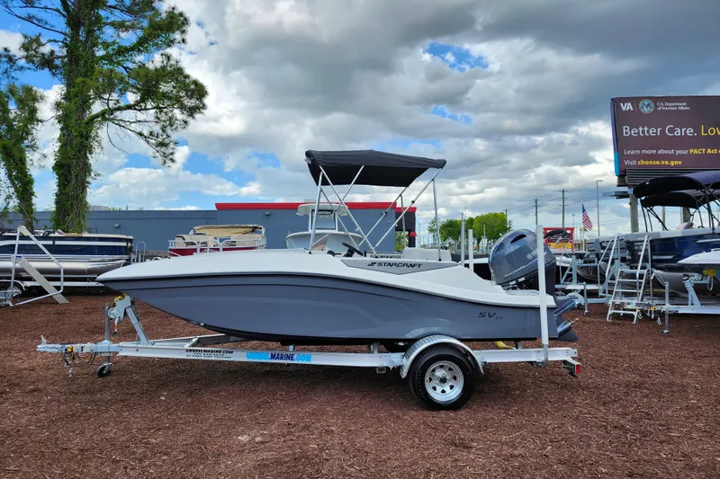 Slide: The Image of 2026 Starcraft SV 16 OB boat on trailer, displayed outdoors under cloudy sky. - 4