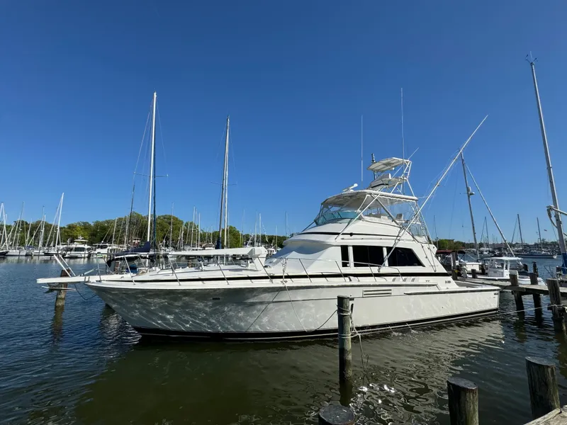 Slide: The Image of 1986 Bertram 54 Convertible Yacht docked under clear blue sky. - 20