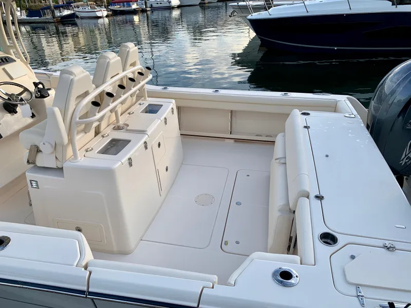 Slide: The Image of Grady-White Canyon 336 boat, 2021 model, docked at marina. - 30