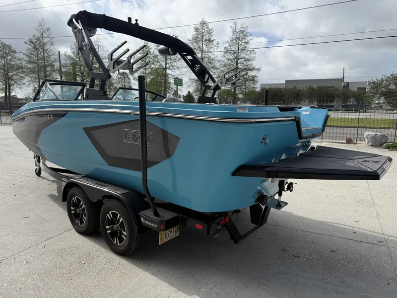 Slide: The Image of 2023 Heyday WT-2DC boat on trailer, blue, parked outdoors. - 2
