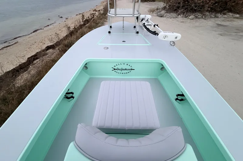 Slide: The Image of 2025 Hell's Bay Professional boat on sandy shore, showcasing sleek design and mint green interior. - 48