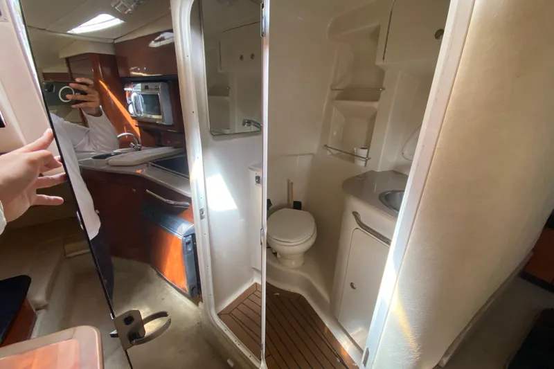 Slide: The Image of Interior of 2007 Sea Ray Sundancer 310, featuring kitchenette and compact bathroom. - 38