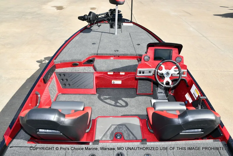 Slide: The Image of Interior of 2026 Nitro Z19 XL Pro boat with red and gray design. - 46