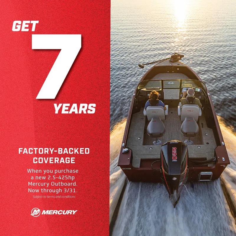 Slide: The Image of Nitro Z21 XL boat with Mercury engine, 7-year warranty offer. - 3