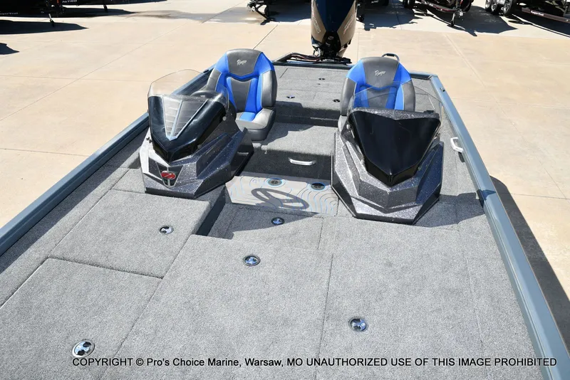 Slide: The Image of Ranger Alpha 208 Dual Console boat, 2025 model, with gray upholstery. - 12