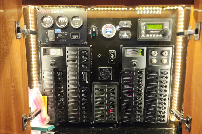 Slide: The Image of Electrical control panel inside a 2003 Meridian 411 Sedan boat, featuring various switches and gauges. - 53
