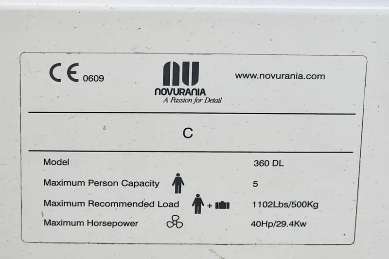 Slide: The Image of Label displaying Novurania 360 DL specifications: capacity 5, load 1102 lbs, 40 HP. - 65