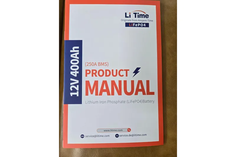 Slide: The Image of Product manual for LiFePO4 12V 400Ah battery, featuring 250A BMS. - 108