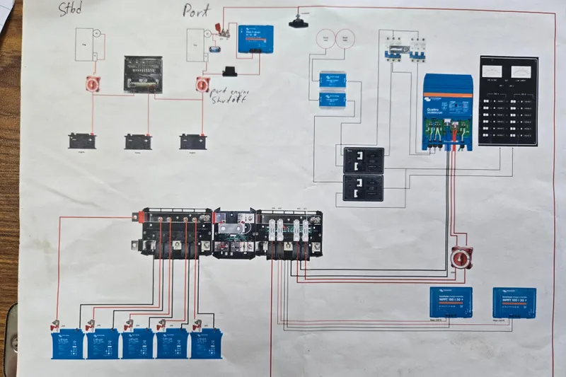 Slide: The Image of Electrical schematic for 2003 Endeavour Trawler Cat 44, showcasing wiring and components layout. - 109