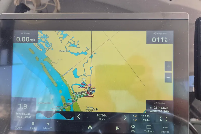 Slide: The Image of GPS navigation screen on a 2003 Endeavour Trawler Cat 44, showing Bokellia, Charlotte Harbor. - 36