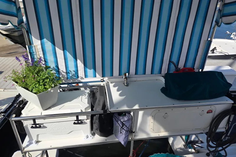 Slide: The Image of Outdoor kitchen on 2003 Endeavour Trawler Cat 44 with striped awning and potted plant. - 80