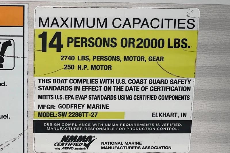 Slide: The Image of Capacity label for 2020 Godfrey Sweetwater 2286 Tritoon, 14 persons or 2000 lbs. - 19