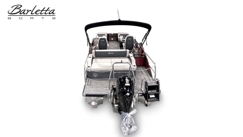 Slide: The Image of 2026 Barletta Cabrio22UC pontoon boat, rear view with motor and seating area. - 3