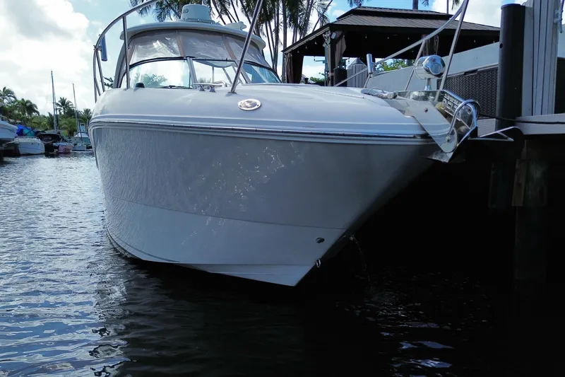 Slide: The Image of 2007 Sea Ray Sundancer 310 docked in a marina, surrounded by palm trees. - 14