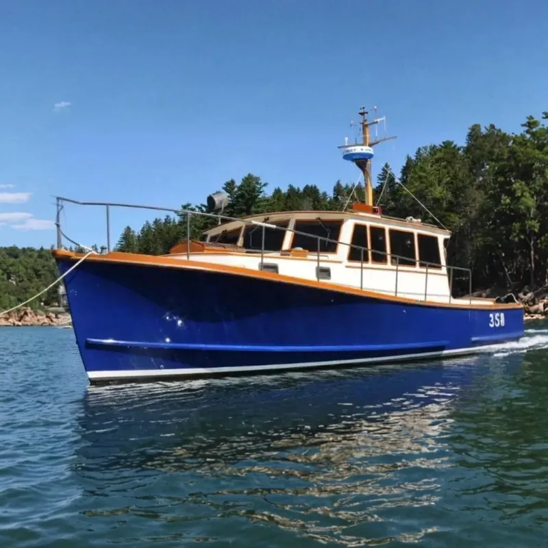 The Image of A blue boat with wooden accents cruises on a calm lake, surrounded by trees. - 0