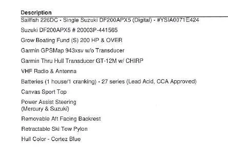 Slide: The Image of 2024 Sailfish 226 DC boat features Suzuki engine, Garmin GPS, VHF radio, and Cortez Blue hull. - 27