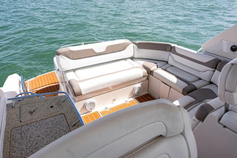 Slide: The Image of Luxurious seating on 2008 Monterey 400 Sport Yacht, overlooking serene waters. - 32