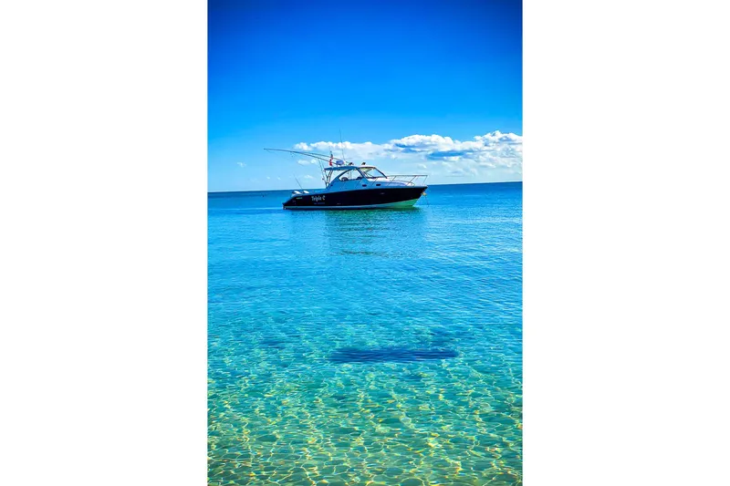 Slide: The Image of 2020 Pursuit OS 325 Offshore boat on clear blue ocean water under a bright sky. - 17