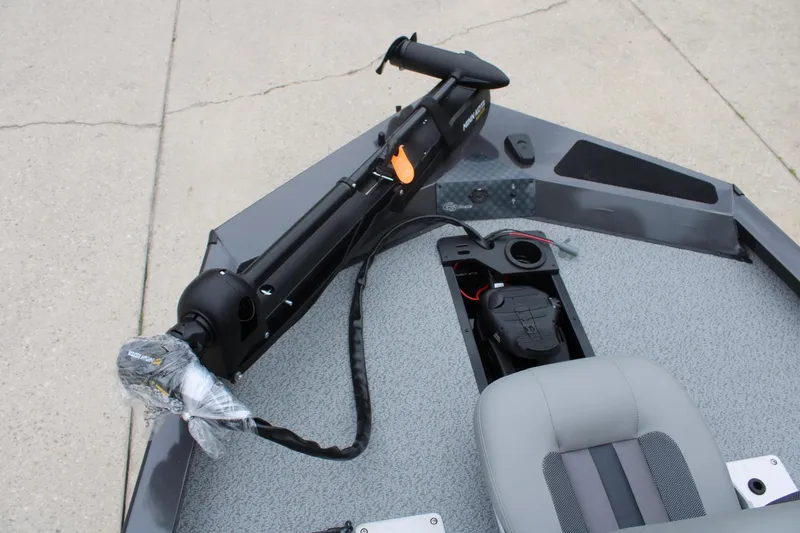 Slide: The Image of 2025 G3 Sportsman 1810 boat deck with trolling motor and seating. - 17