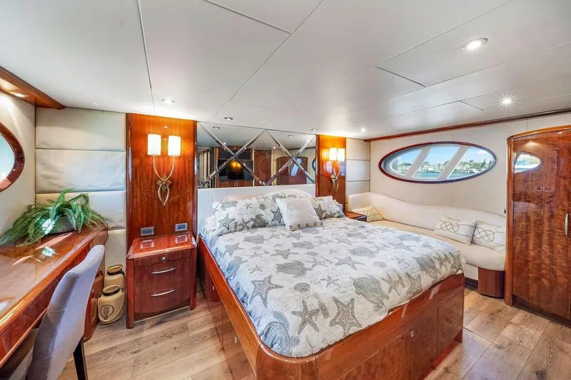 Slide: The Image of Luxurious 2007 Lazzara 68 yacht bedroom with elegant wood finishes and plush bedding. - 31