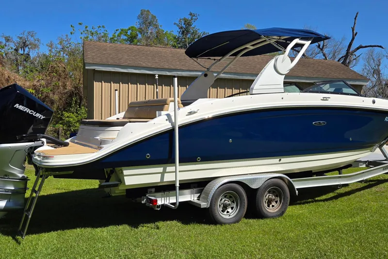 Slide: The Image of 2019 Sea Ray SDX 270 Outboard boat on trailer, blue and white design, parked on grass. - 4