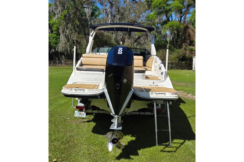 Slide: The Image of 2019 Sea Ray SDX 270 Outboard boat on grass, rear view with ladder and engine. - 8