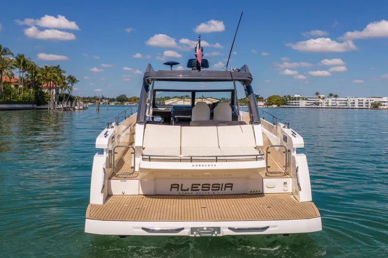 Slide: The Image of 2017 Absolute 40 STL yacht on serene water, clear sky, rear view. - 64