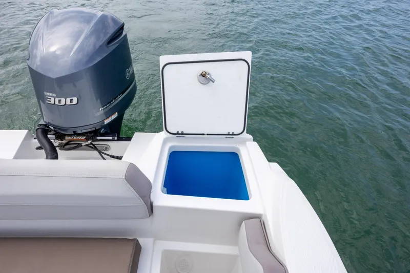 Slide: The Image of 2019 Blackfin 212 CC boat with Yamaha 300 engine and open storage compartment. - 25