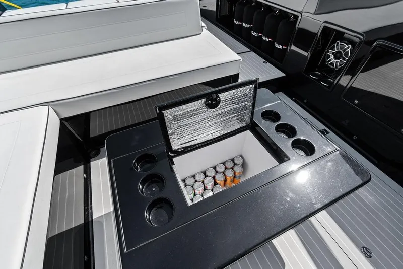 Slide: The Image of Luxury VanDutch 40.2 yacht interior with built-in cooler and cup holders, 2021 model. - 12