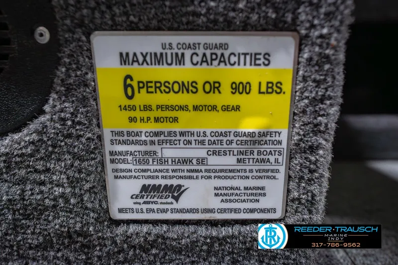Slide: The Image of Capacity label for 2014 Crestliner 1650 Fish Hawk SE, 6 persons or 900 lbs. - 61