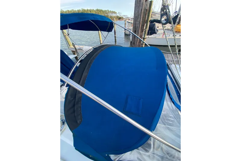 Slide: The Image of Blue canvas cover on 1998 Catalina 36 MkII sailboat, docked at marina. - 7