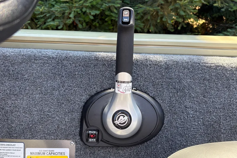 Slide: The Image of Throttle control of 2026 Tracker Pro Team 195 boat, featuring up and down buttons. - 27