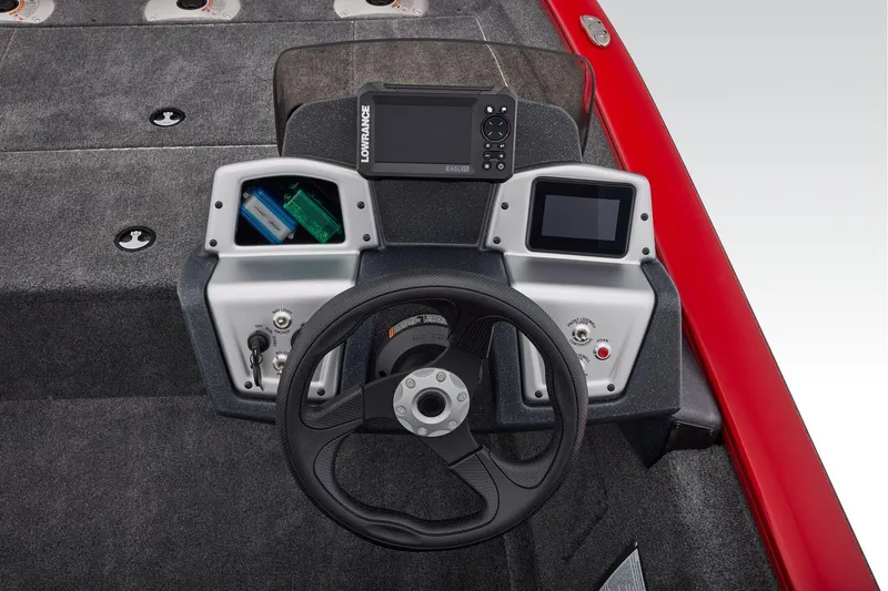 Slide: The Image of Manufacturer Provided Image: 2026 Tracker Pro Team 175 Crappie Edition boat dashboard with steering wheel and electronic displays. - 50