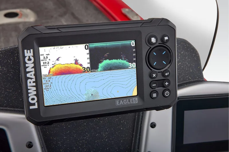 Slide: The Image of Manufacturer Provided Image: Fishfinder display on 2026 Tracker Pro Team 175 Crappie Edition boat, showing sonar and depth data. - 53