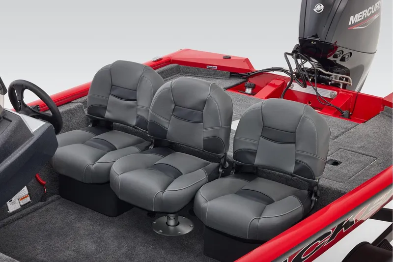 Slide: The Image of Manufacturer Provided Image: 2026 Tracker Pro Team 175 Crappie Edition boat with three gray seats and a Mercury engine. - 56