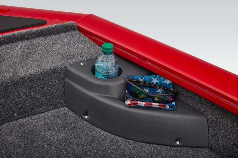 Slide: The Image of Manufacturer Provided Image: 2026 Tracker Pro Team 175 Crappie Edition boat storage with bottle, sunglasses, and cloth. - 57