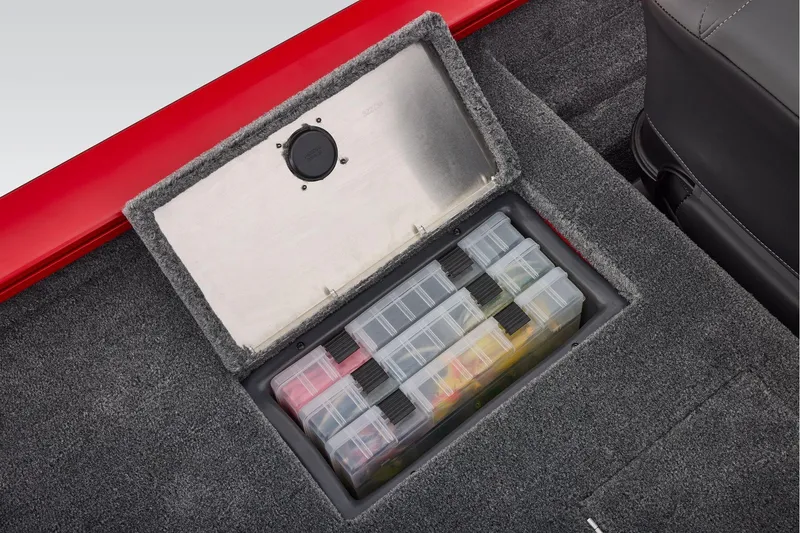 Slide: The Image of Manufacturer Provided Image: 2026 Tracker Pro Team 175 Crappie Edition storage compartment with organized tackle boxes. - 61