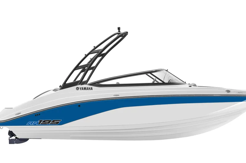 The Image of 2026 Yamaha Boats AR195, sleek white and blue design, side view. - 0