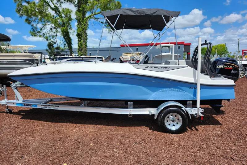Slide: The Image of 2026 Starcraft SV 18 OB boat on trailer, blue and white design, outdoor display. - 5