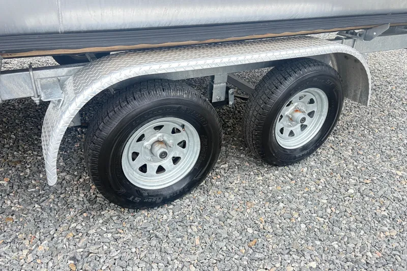 Slide: The Image of Trailer wheels on gravel, South Bay LE 2022 model, featuring dual tires and metal fenders. - 5