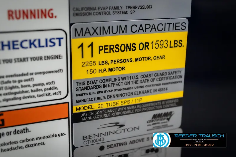 Slide: The Image of Capacity label on 2026 Bennington 21 SLJ boat, max 11 persons or 1593 lbs. - 53