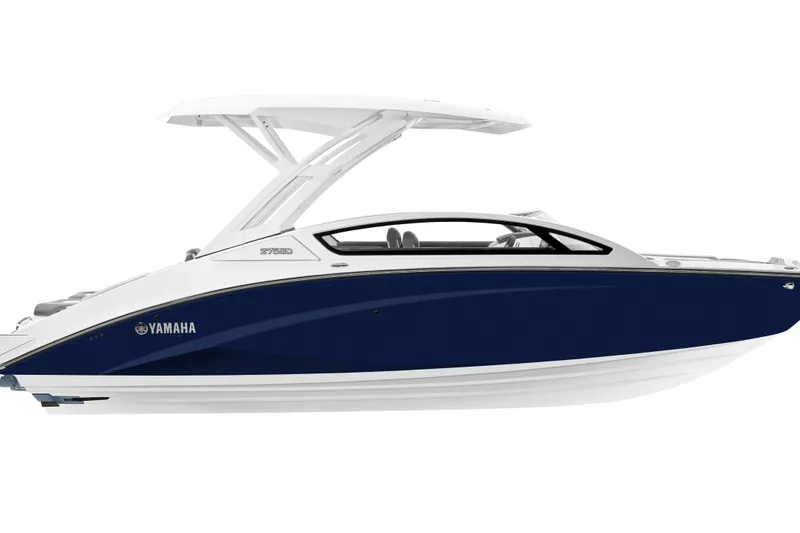 The Image of 2026 Yamaha Boats 275SD, sleek blue and white design, side view. - 0