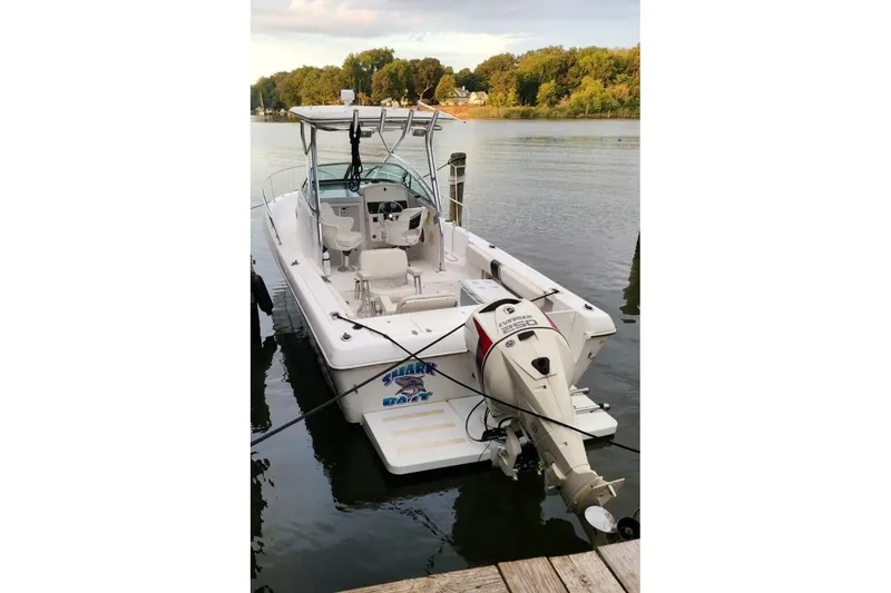 Slide: The Image of 1999 Pro-Line 241 Walkaround boat docked on a calm river with lush greenery. - 7