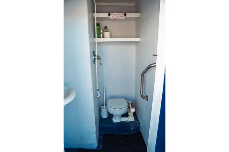 Slide: The Image of 1977 Saint Augustine Trawler 43 bathroom with toilet, shelves, and handrail. - 56