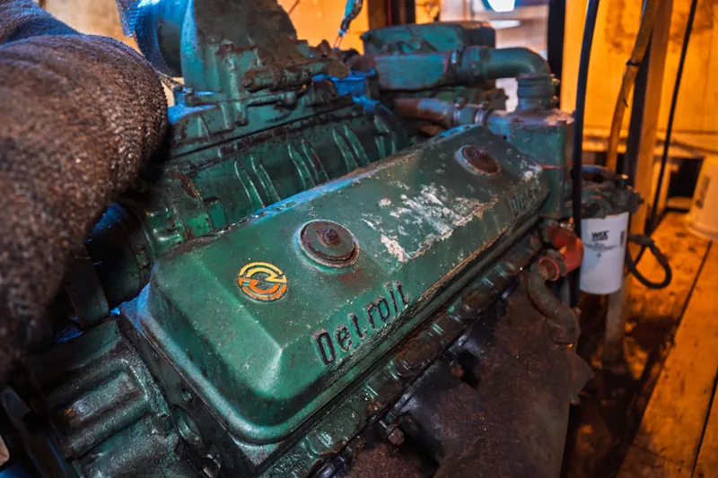 Slide: The Image of Engine of a 1977 Saint Augustine 43 Trawler, featuring a Detroit Diesel. - 62