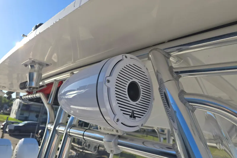 Slide: The Image of Speaker mounted on a 2012 Fountain 38 CC Tournament Edition boat's metal frame. - 31
