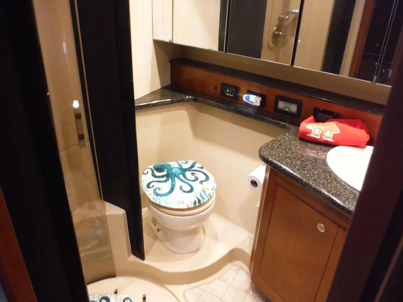 Slide: The Image of 2005 Cruisers Yachts 455 Express Motoryacht bathroom with octopus-themed toilet seat. - 24