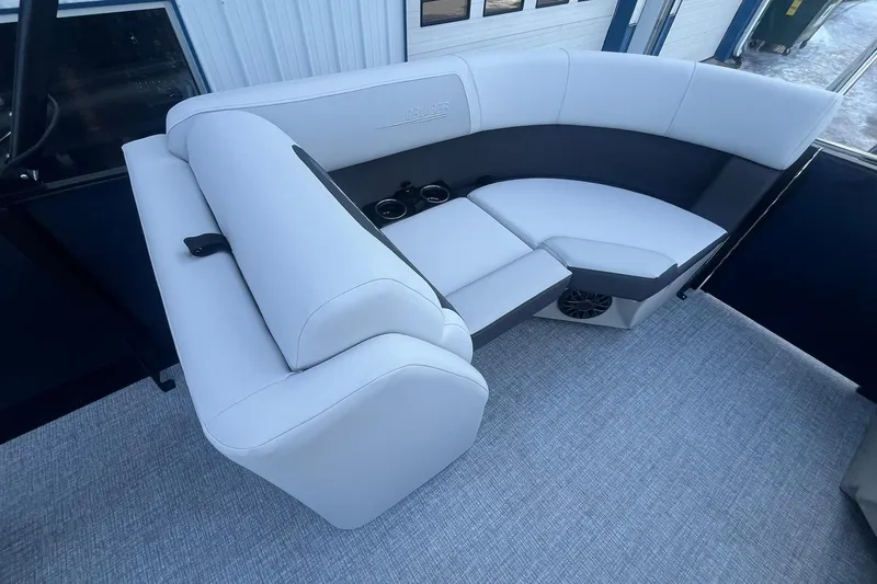 Slide: The Image of Luxurious seating on 2026 Harris Cruiser 230 CWDH pontoon boat, featuring modern design and comfort. - 17