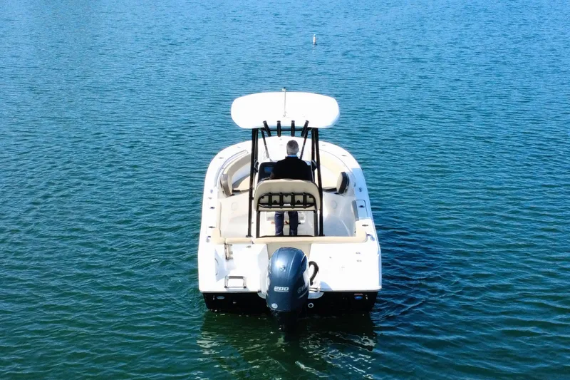 Slide: The Image of 2019 Tidewater 220 LXF boat on calm blue water, rear view. - 14
