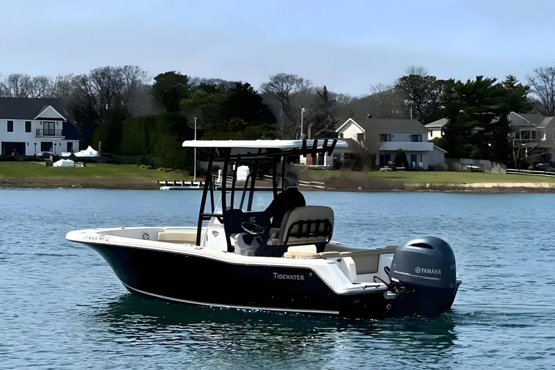 Slide: The Image of 2019 Tidewater 220 LXF boat on calm water near residential shoreline. - 6